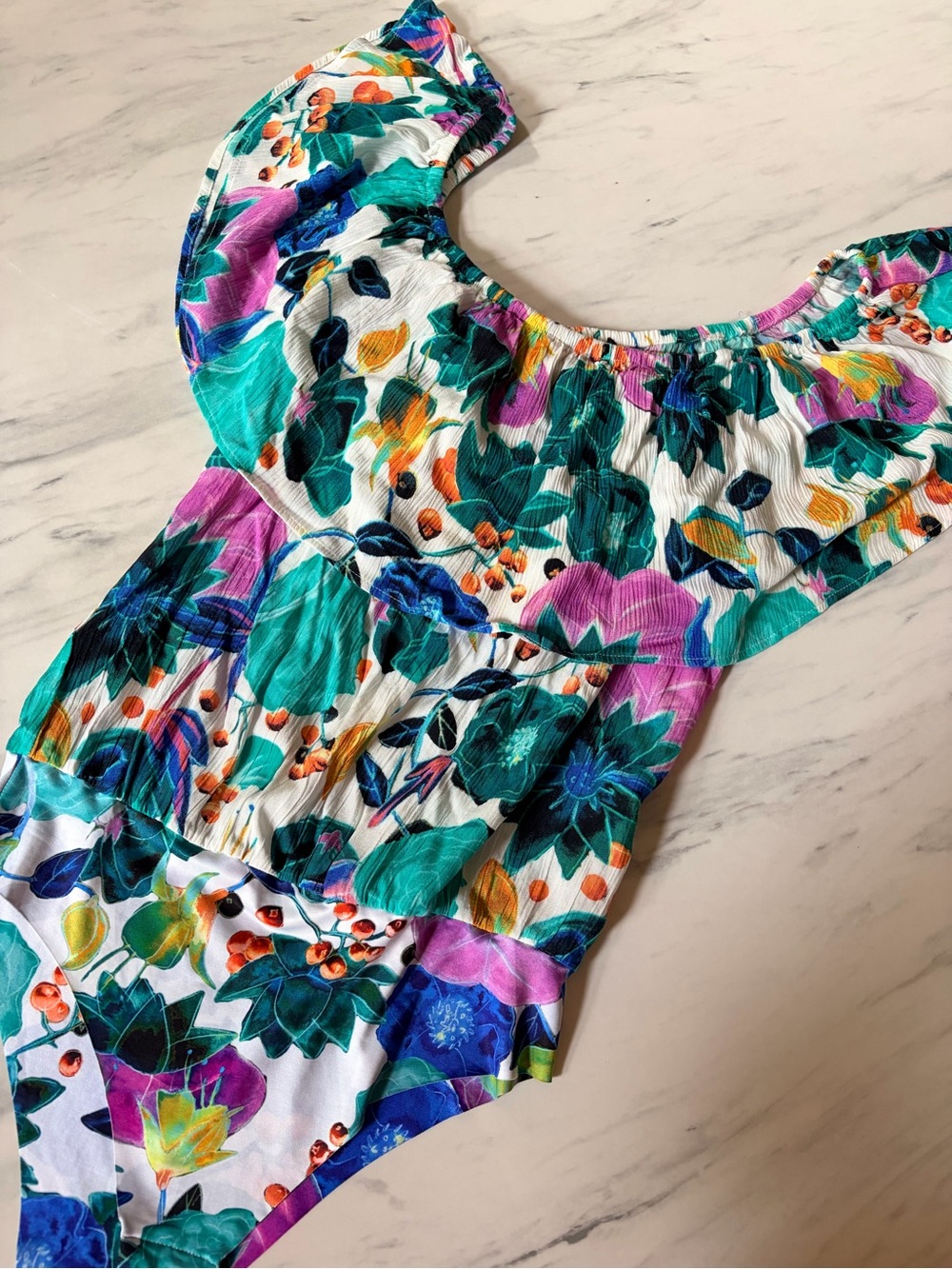 Desigual Floral Off-Shoulder Bodysuit in White, Teal, Purple, Green